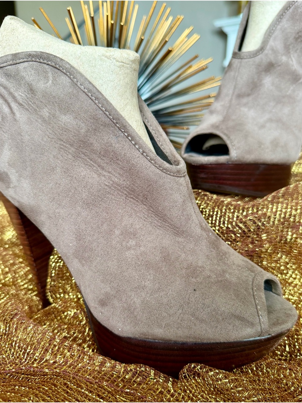 Guess Taupe Suede Peep-Toe Platform Ankle Boots